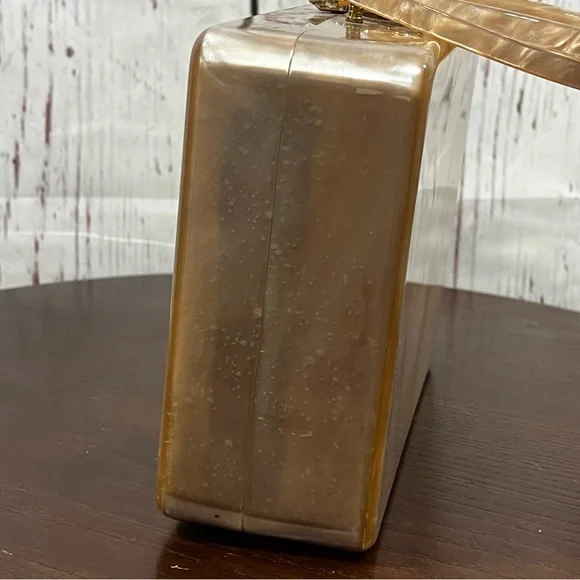 Retro Vintage Taupe Acrylic Box Bag with Gold Filigree - Picture 5 of 13